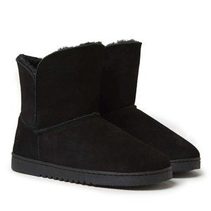 Dearfoams Black Suede Foldover Bootie Indoor/Outdoor Slippers - Women's 10